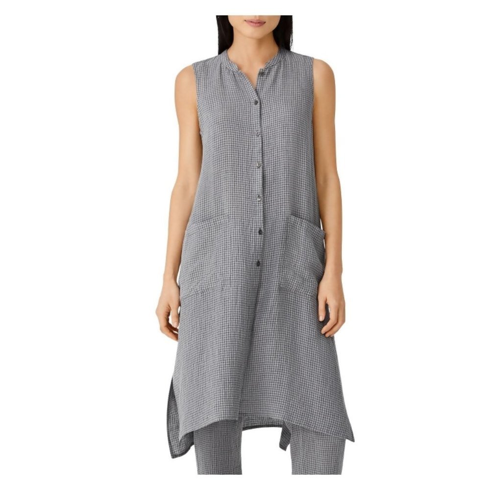 Eileen Fisher Gray Pocketed Button-Up Check Sleeveless Tunic Top (and Pant set)